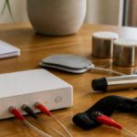 frequenztherapie-gerate-test-bewertung-fur-anwender-2026-1792018879-1 - Herbert Eder - Frequenzforscher Dispositivo médico blanco sobre una mesa de madera, conectado a cables rojos y negros, con parches de electrodos cerca.