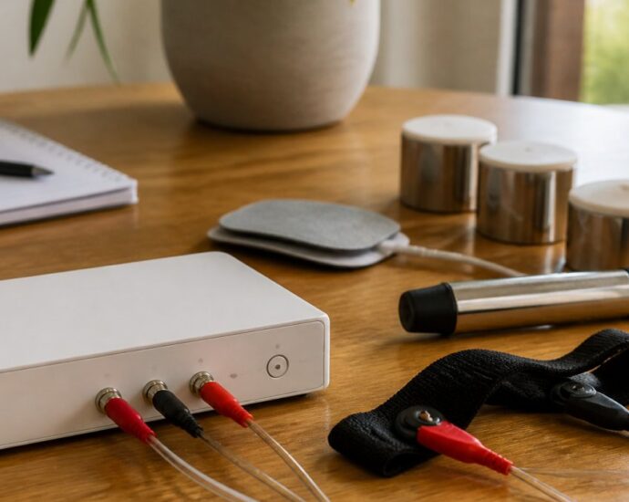 Dispositivo médico blanco sobre una mesa de madera, conectado a cables rojos y negros, con parches de electrodos cerca.
