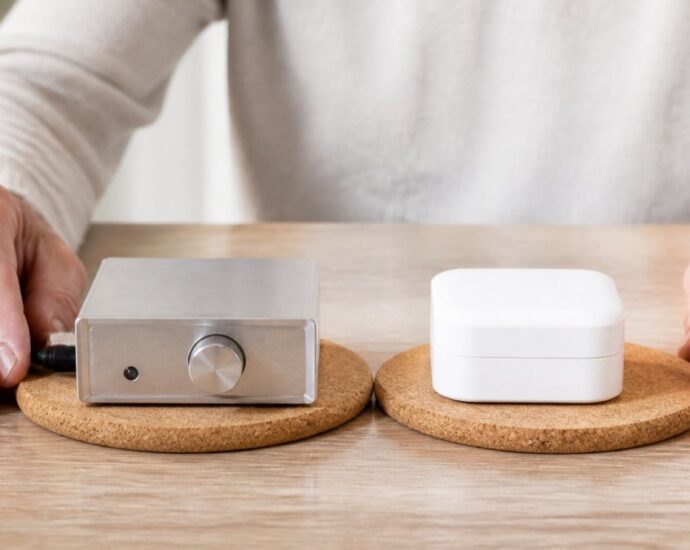 Amplificatore portatile argentato con una manopola e un LED accanto a una custodia di ricarica bianca per auricolari wireless, appoggiati su sottobicchieri in sughero.