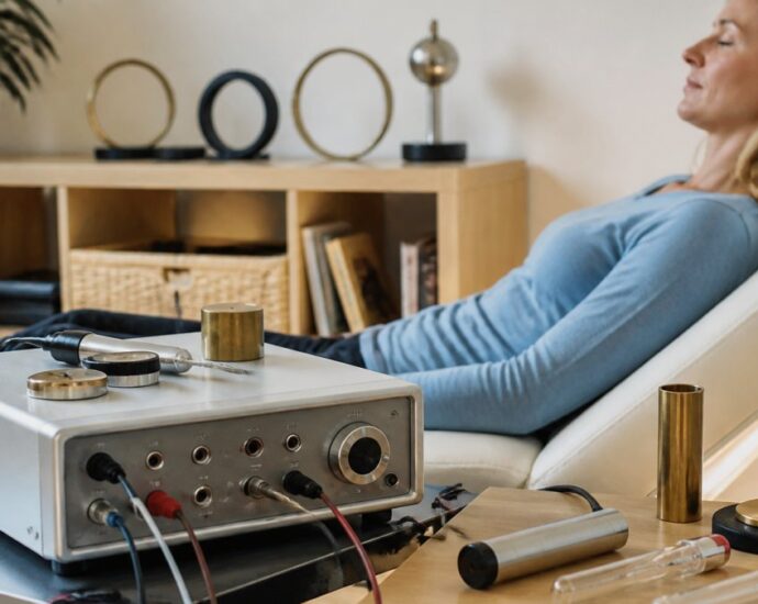 A woman relaxing in a recliner during a therapy session; a control box with cables sits on a table nearby.