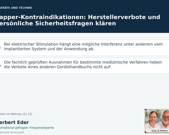 Wissensgrafik zum Thema „Zapper-Kontraindikationen: Herstellerverbote und persönliche Sicherheitsfragen klären“ mit Erläuterungen und Porträtfeld Anna und Herbert.