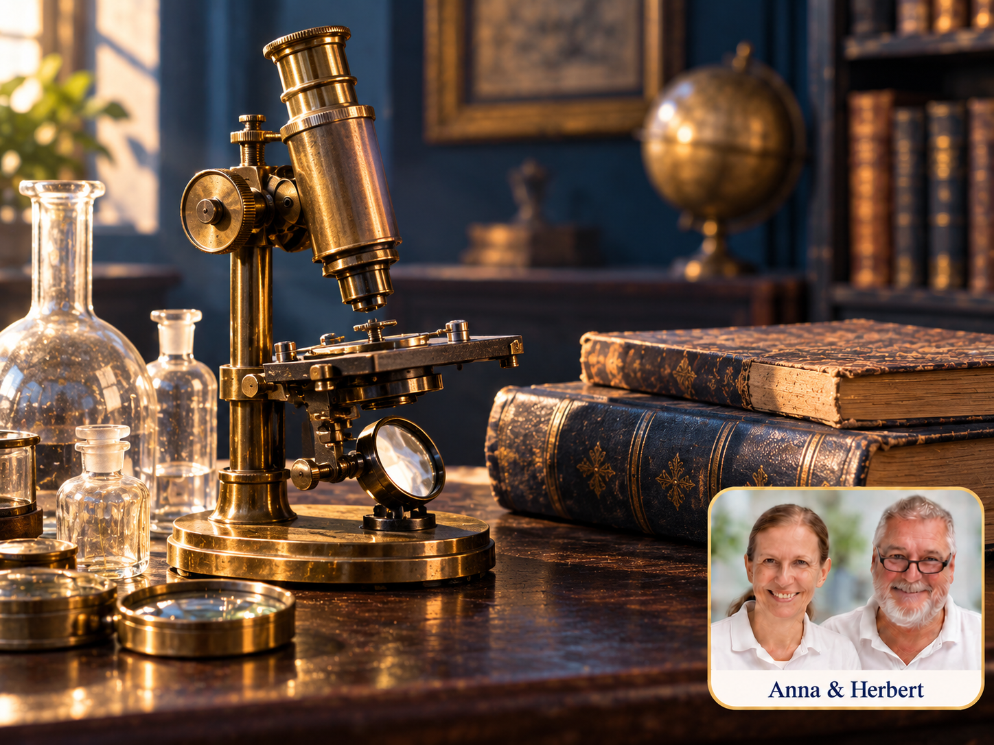 Mikroskop in historischer Anmutung neben alten Büchern, Glasgefäßen und Lupe; Porträtfeld Anna und Herbert.