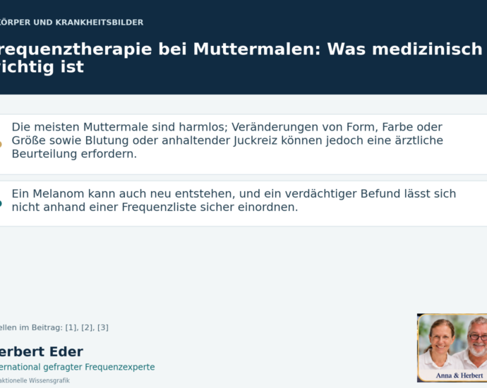 Wissensgrafik zum Thema „Frequenztherapie bei Muttermalen: Was medizinisch wichtig ist“ mit Erläuterungen und Porträtfeld Anna und Herbert.