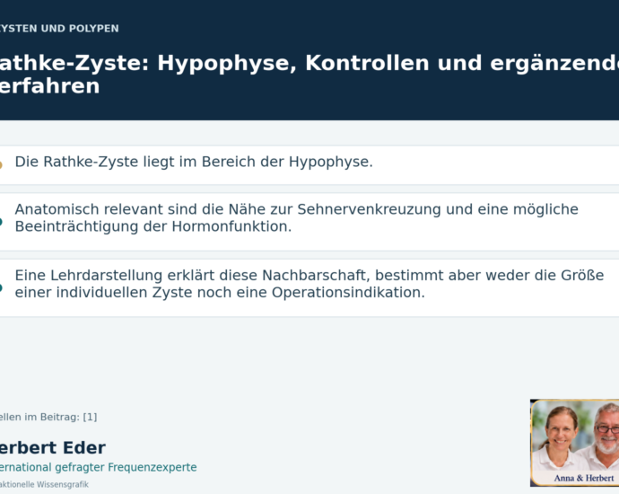 Wissensgrafik zum Thema „Rathke-Zyste: Hypophyse, Kontrollen und ergänzende Verfahren“ mit Erläuterungen und Porträtfeld Anna und Herbert.