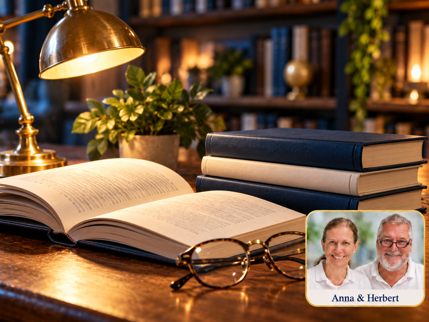 Aufgeschlagenes Buch, Bücherstapel, Lesebrille und goldfarbene Leselampe auf einem Tisch.