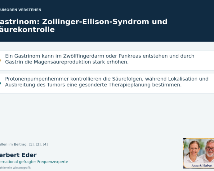 Wissensgrafik zum Thema „Gastrinom: Zollinger-Ellison-Syndrom und Säurekontrolle“ mit Erläuterungen und Porträtfeld Anna und Herbert.