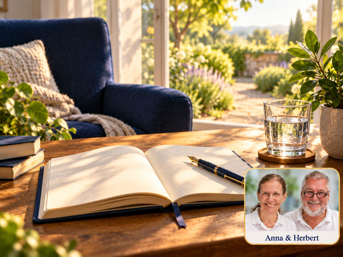 Offenes leeres Notizbuch mit Füller und Wasserglas vor einem Sessel und einem sonnigen Gartenfenster.