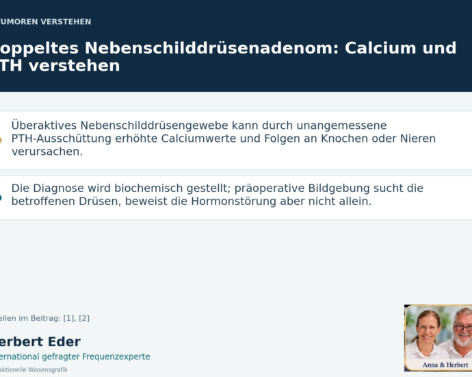 Wissensgrafik zum Thema „Doppeltes Nebenschilddrüsenadenom: Calcium und PTH verstehen“ mit Erläuterungen und Porträtfeld Anna und Herbert.