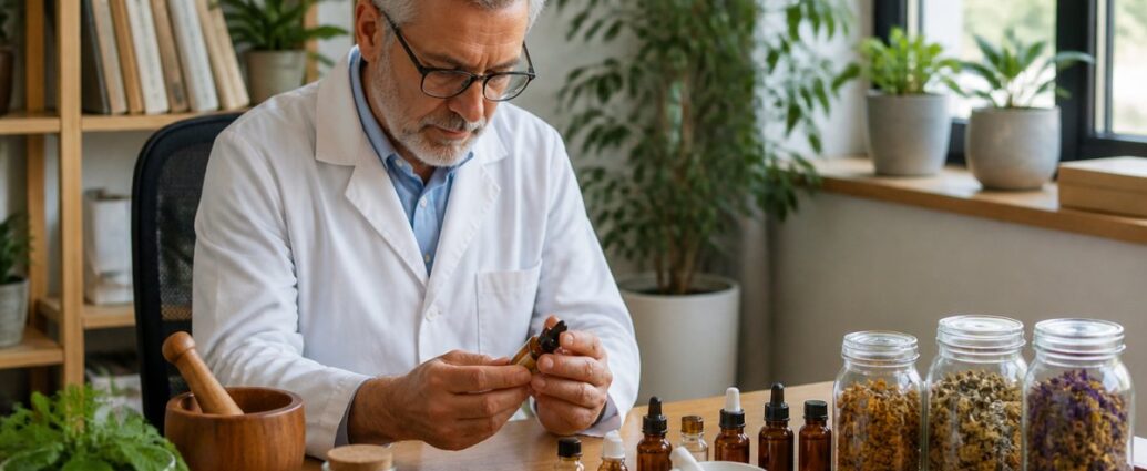 komplementare-methoden-fur-hausarzte-standardtherapie-erganzen-1792105154 - Herbert Eder - Frequenzforscher Male herbalist in a white coat inspects a dropper bottle at a wooden table with jars of dried herbs nearby