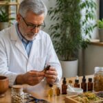 komplementare-methoden-fur-hausarzte-standardtherapie-erganzen-1792105154 - Herbert Eder - Frequenzforscher Male herbalist in a white coat inspects a dropper bottle at a wooden table with jars of dried herbs nearby