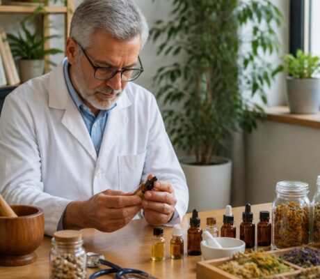 komplementare-methoden-fur-hausarzte-standardtherapie-erganzen-1792105154 - Herbert Eder - Frequenzforscher Male herbalist in a white coat inspects a dropper bottle at a wooden table with jars of dried herbs nearby