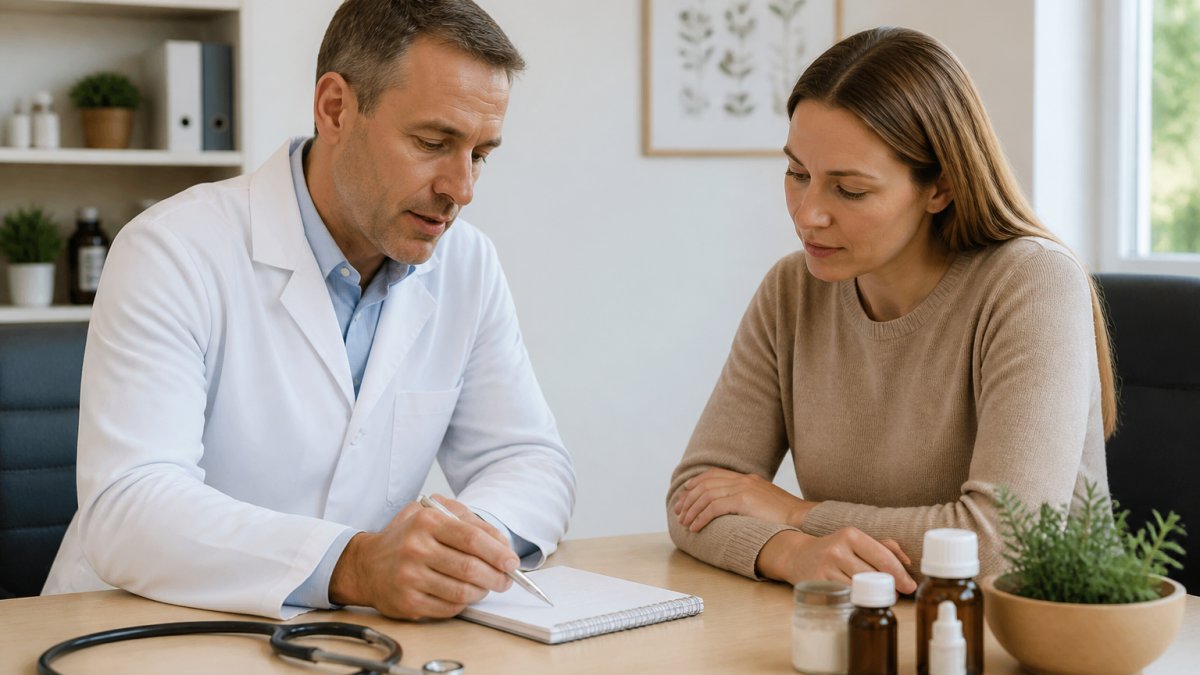 A family doctor in a bright Austrian practice sitting across from an adult patient at a desk, both looking at a notepad, a stethoscope on the desk, calm and attentive atmosphere