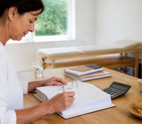 "Correct Billing for Complementary Medicine in Medical Practices - 1791523984-1" - Herbert Eder - Frequency Researcher A woman in a white top is writing in a large binder at a wooden desk; a calculator, a glass of water, and some bottles are nearby.