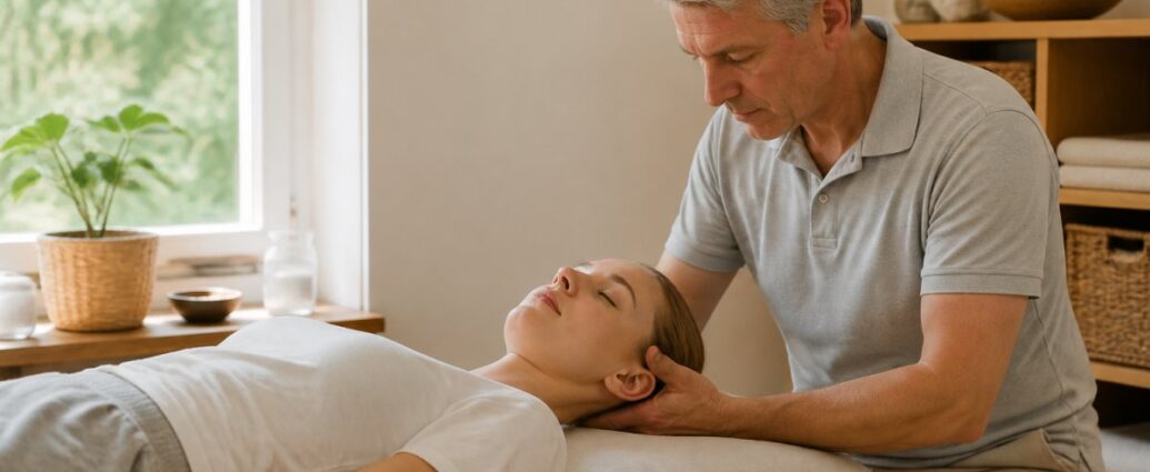 osteopathie-orientierung-fur-anwender-und-therapeuten-1791932480-1 - Herbert Eder - Frequenzforscher Therapist gently supports a woman's head during a neck massage on a treatment table.