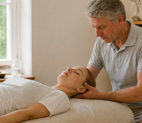 osteopathie-orientierung-fur-anwender-und-therapeuten-1791932480-1 - Herbert Eder - Frequenzforscher Therapist gently supports a woman's head during a neck massage on a treatment table.