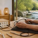 Benefits-of-Frequency-Therapy-in-Naturopathy-1791679205-1 - Herbert Eder - Frequency Researcher A person using an electrical stimulation therapy device on their forearm, with probes attached to a mat on a wooden table and a view of the river outside the window.