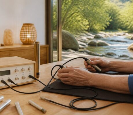 Benefits-of-Frequency-Therapy-in-Naturopathy-1791679205-1 - Herbert Eder - Frequency Researcher A person using an electrical stimulation therapy device on their forearm, with probes attached to a mat on a wooden table and a view of the river outside the window.