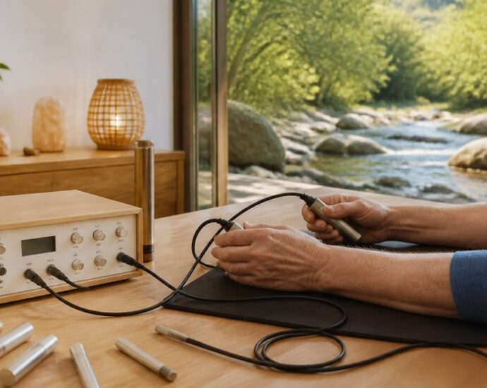 A person using an electrical stimulation therapy device on their forearm, with probes attached to a mat on a wooden table and a view of the river outside the window.