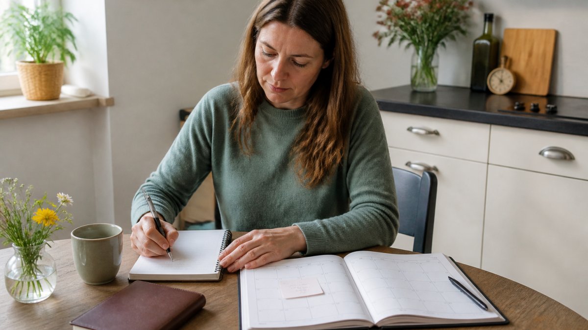 Eine erwachsene Person sitzt an einem ruhigen Küchentisch mit einem Notizbuch und einem Kalender, notiert Tagesabläufe und Termine, weiches Tageslicht von der Seite