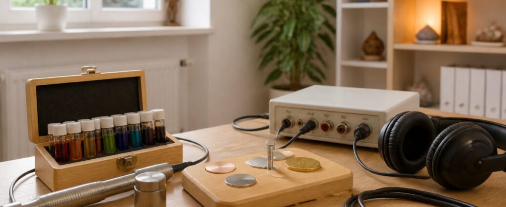 welche-frequenz-fur-welche-wirkung-praxisguide-1792277505 - Herbert Eder - Frequenzforscher Audiology workspace: headphones connected to an amplifier, a wooden block with metal discs, and a case of colorful vials on a desk.