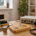 welche-frequenz-fur-welche-wirkung-praxisguide-1792277505 - Herbert Eder - Frequenzforscher Audiology workspace: headphones connected to an amplifier, a wooden block with metal discs, and a case of colorful vials on a desk.
