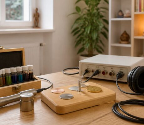 welche-frequenz-fur-welche-wirkung-praxisguide-1792277505 - Herbert Eder - Frequenzforscher Audiology workspace: headphones connected to an amplifier, a wooden block with metal discs, and a case of colorful vials on a desk.