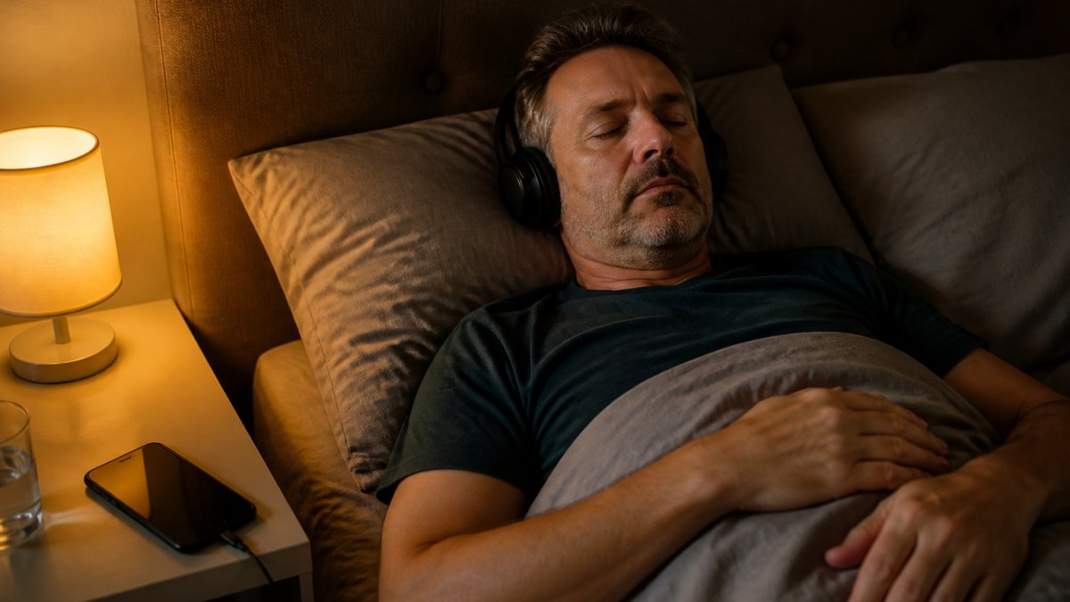 Eine Person mittleren Alters liegt entspannt im abgedunkelten Schlafzimmer, Kopfhörer auf den Ohren, ein Smartphone mit laufender Klangaufnahme auf dem Nachttisch, warmes gedämpftes Licht
